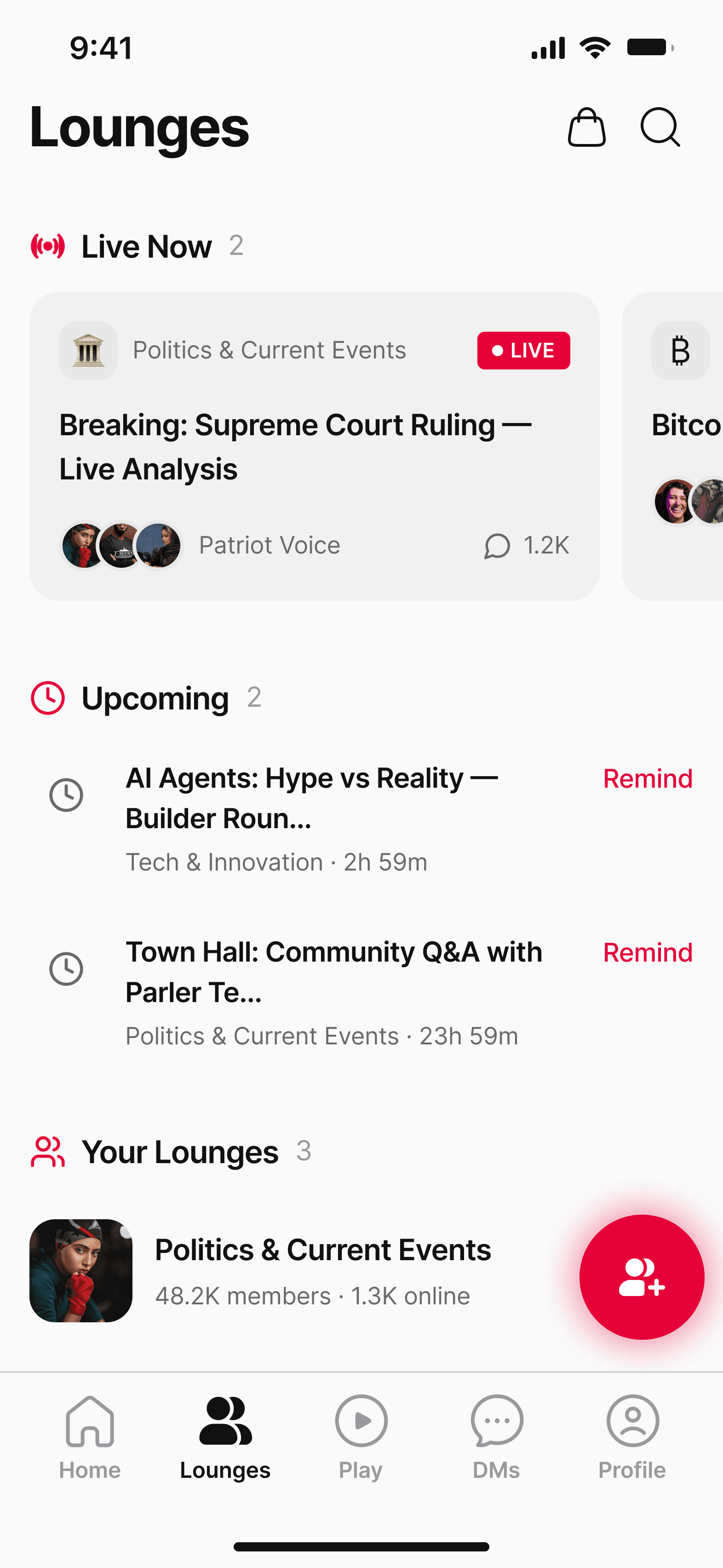 Parler Lounges community screen