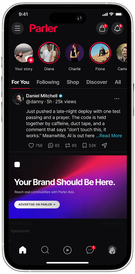 Parler app feed with a native ad placement